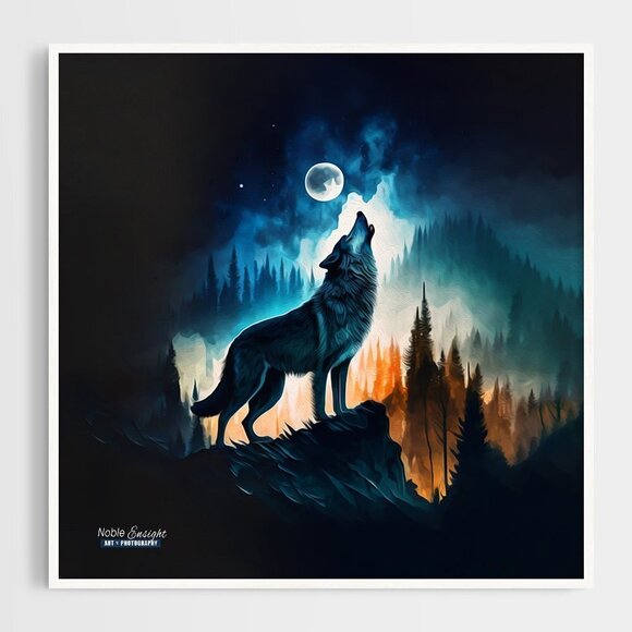NobleCaptures Other - 8x8 Wolf Howling at‎ the Moon Midnight Watercolor Oil Painting Art Print